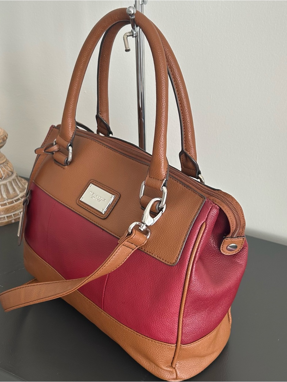 Tignanello Colorblock Leather Satchel Crossbody Brown Burgundy Pebbled Leather - Picture 5 of 14